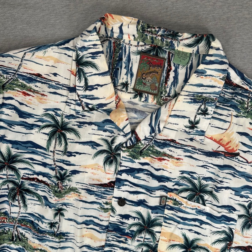 Pineapple Connection Hawaiian Shirt Mens L (Fits 2XL) Rayon Tropical Palm Tree